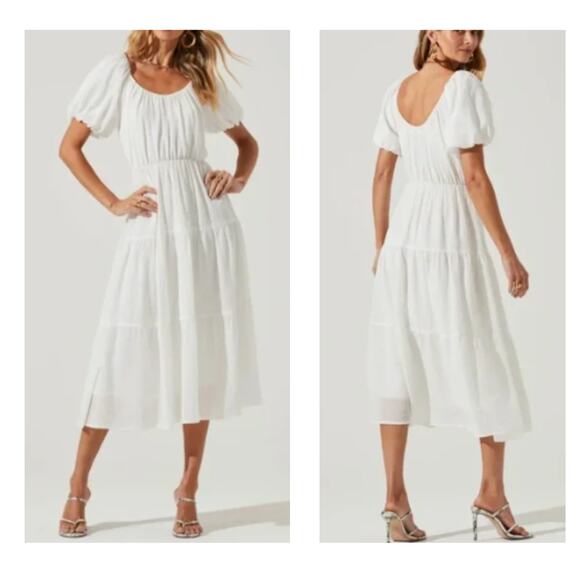 ASTR the Label NWT White Gauzy‎ Puff Sleeve Scoop Neck Tiered Maxi Dress, Sz Med - Picture 1 of 11